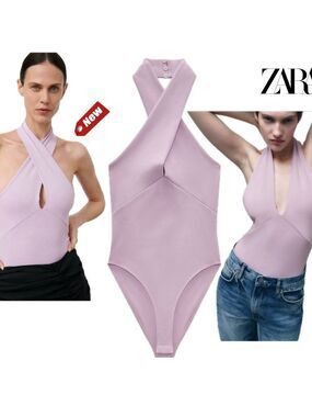 Zara lilac purple deep V plunge front twist halter bodysuit Sz M NWT